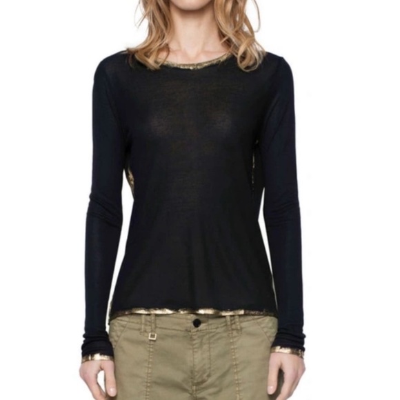 Zadig & Voltaire Willy Gold Long Sleeve Top in Black. - Picture 1 of 5